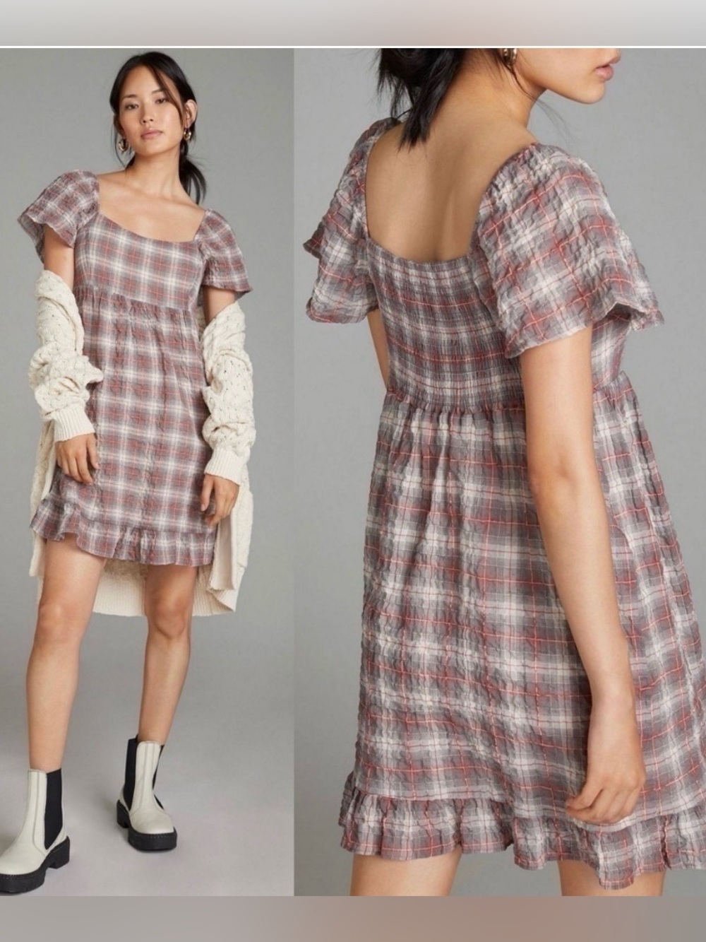 Anthropologie Maeve Flutter-Sleeved Flowy Mini Dress Plaid Medium Bohemian Girly